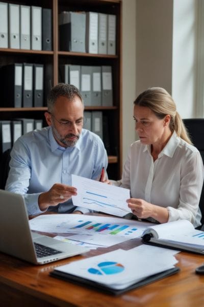 Commercialisti partner "Strategia Bancaria" che collaborano nelo studio, confrontandosi su documenti bancari dei clienti