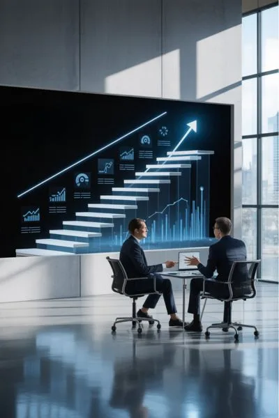Due professionisti discutono in ufficio davanti a uno schermo con grafici e una scala crescente, simbolo dei diversi livelli offerti dal modello Studio Partner StrategiaBancaria