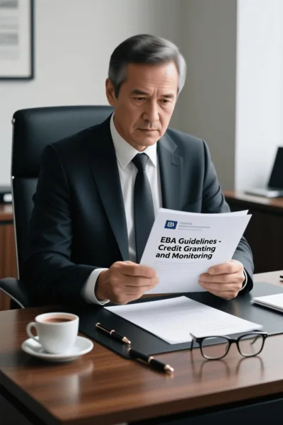 direttore-banca-linee-guida-eba-Strategia-Bancaria-400x600 Direttore di banca che legge le Linee Guida EBA sulla concessione e monitoraggio del credito, documento ufficiale che regola la valutazione delle imprese. StrategiaBancaria