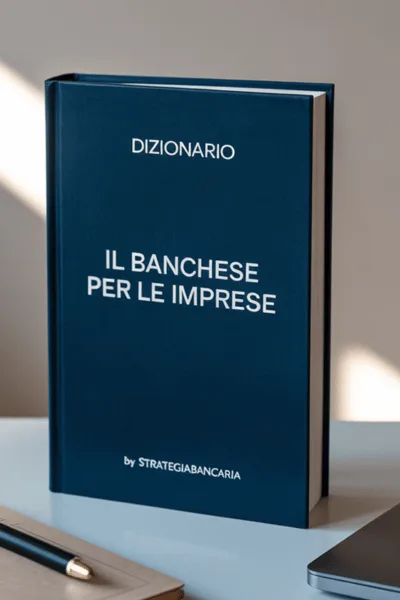 dizionario-banchese-per-le-imprese-strategiabancaria-400x600 Copertina di un libro blu con il titolo "Dizionario di Banchese - by StrategiaBancaria", simbolo della complessità del linguaggio bancario e del bisogno di tradurlo in termini semplici e pratici per imprenditori