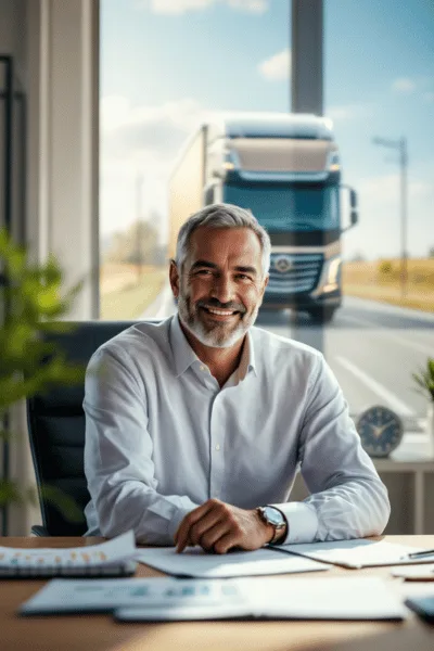 strategiabancaria-camion-imprenditore-leadership-controllo numeri.azienda-400x600 Imprenditore sorridente in ufficio con camion sullo sfondo, simbolo della guida e della leadership aziendale - Strategia Bancaria