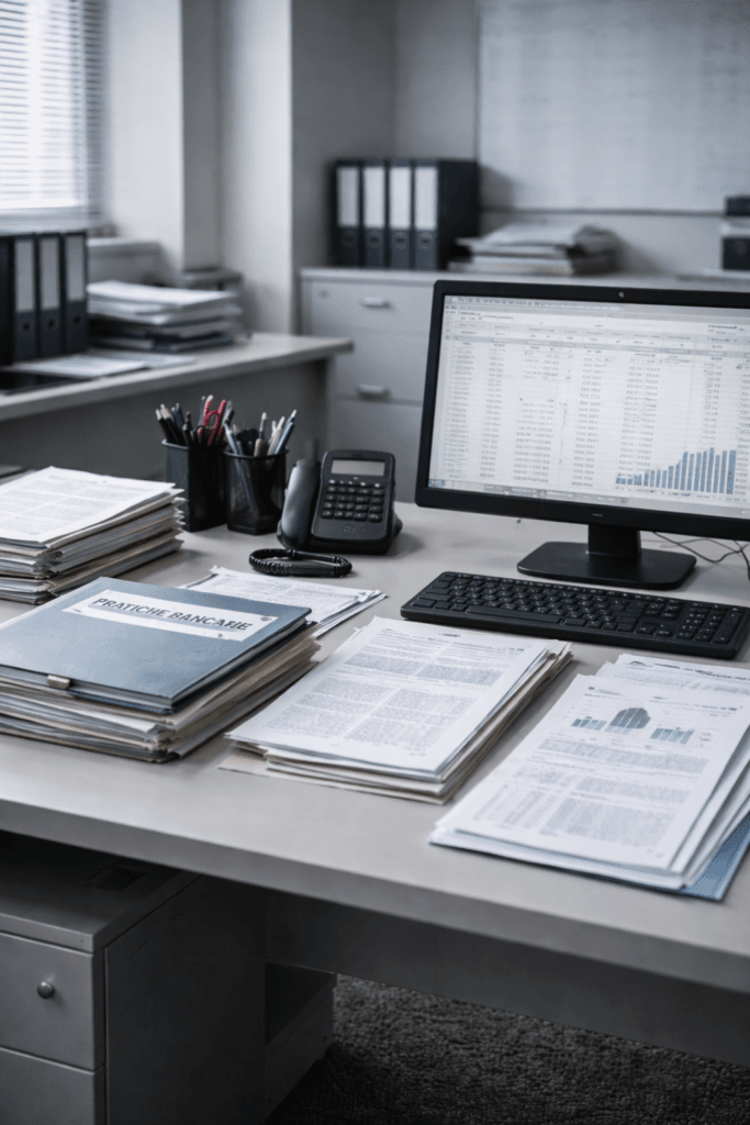 ChatGPT Image 25 dic 2025, 16_52_00 Commercialista donna, Partner di Strategia Bancaria, che legge documenti bancari in ufficio. Professionale e affidabile.