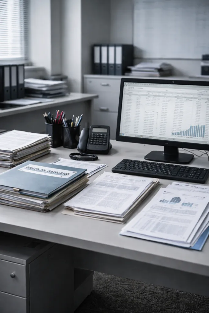 ChatGPT Image 25 dic 2025, 16_52_00 Commercialista donna, Partner di Strategia Bancaria, che legge documenti bancari in ufficio. Professionale e affidabile.